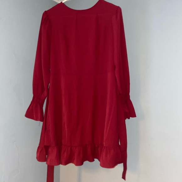 Red Long Sleeve Dress Mid Thigh Dress Faux Wrap - Picture 4 of 7